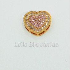 Passante Coração com Zircônia Rosa Claro e Transparente 16 x 16 mm Dourado 1 Unidade