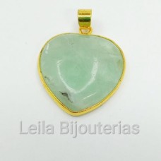 Pingente Dourado de Pedra Natural Verde em Formato de Coração 15x15mm 1 unidade