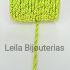 Cordão Marroquino 3 mm verde flúor e dourado 10 Metros