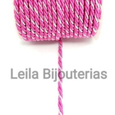 Cordão Marroquino 3 mm rosa pink e prata 1 metro