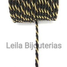 Cordão Marroquino 3 mm preto e dourado 1 metro