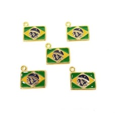 Pingente Bandeira do Brasil Com Resina 14x10x1mm Dourado 5 Unidades