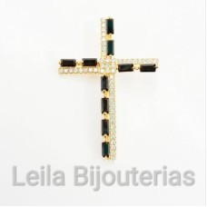 Crucifixo Cravejado com Zircônia preta e transparente 38mm x 27mm Dourado 1 unidade